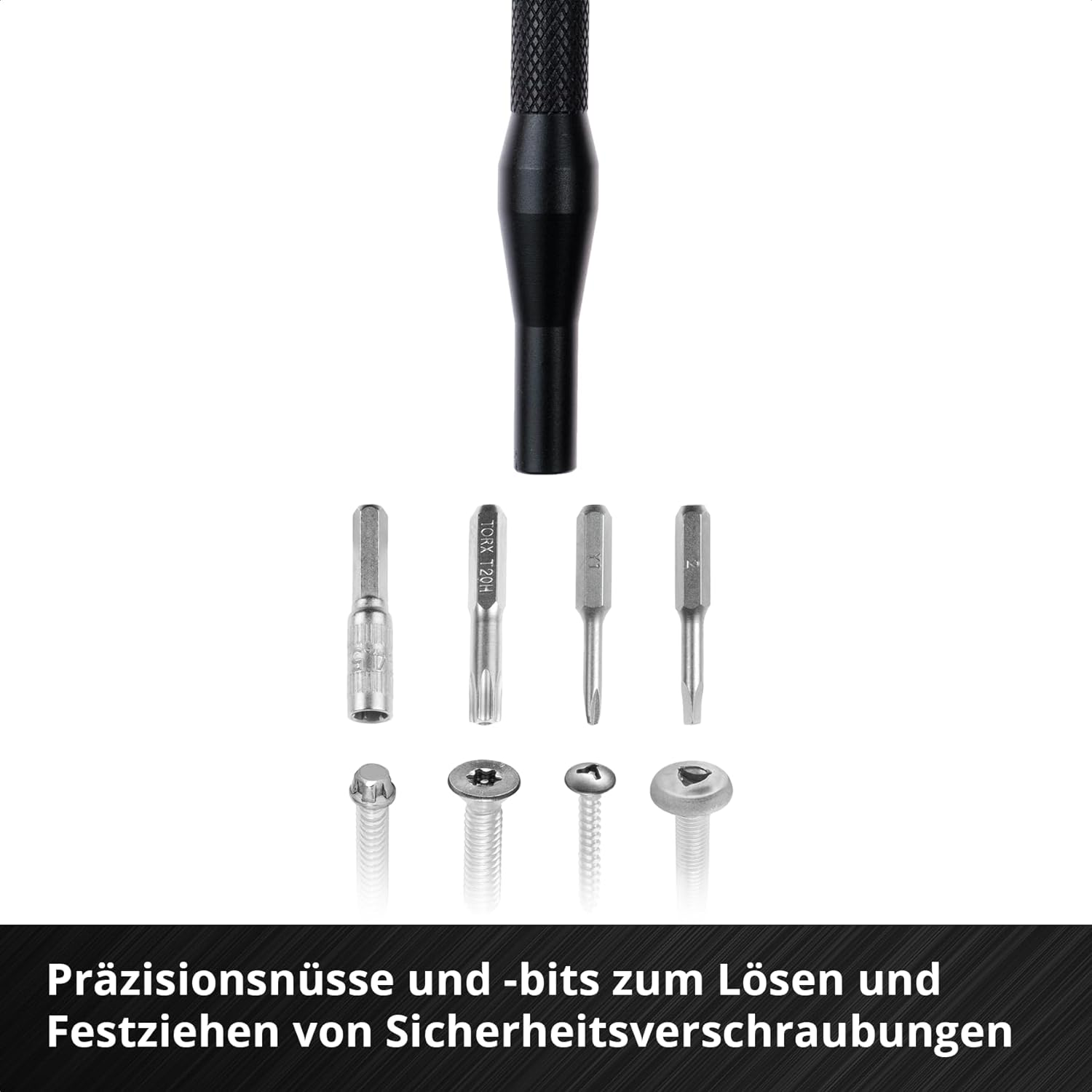 Werkzeuggriff mit Torx- und Kreuzschlitz-Bits und Schrauben.