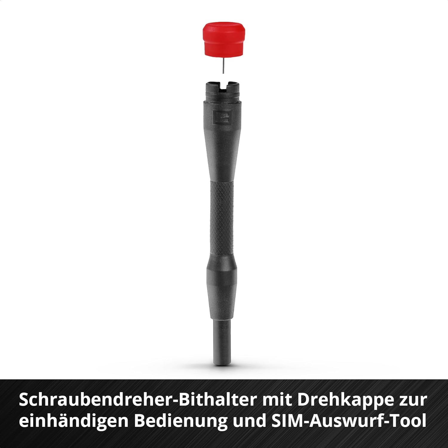 Schwarzer Bithalter mit rot aufgesetzter Kappe, SIM-Auswurf-Tool.