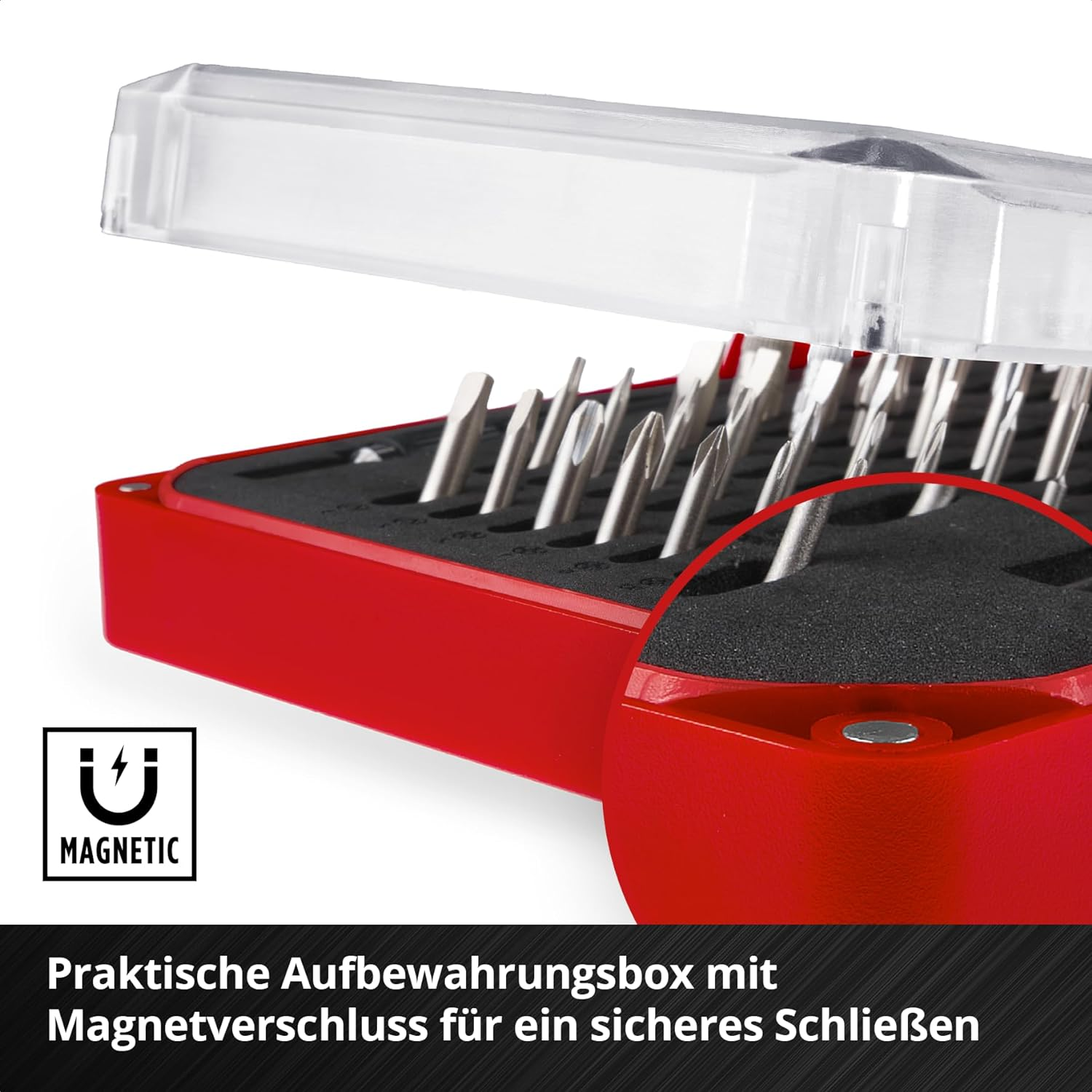 Rote Box mit Bits und transparentem Deckel, magnetisch.