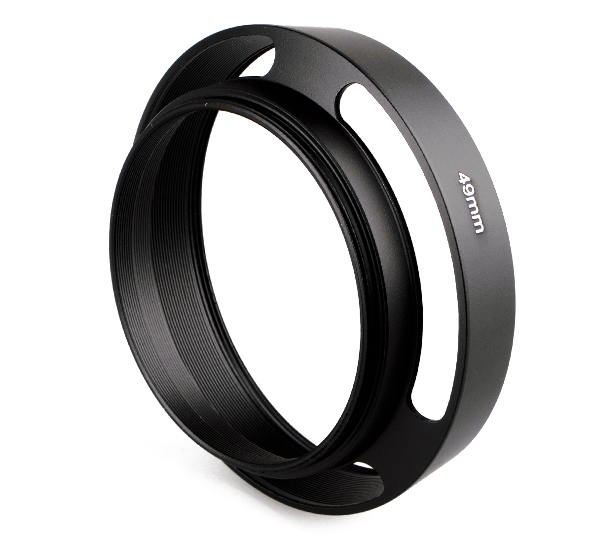 Ein schwarzer, zylindrischer Objektiv-Sonnenblende mit 49mm-Markierung.