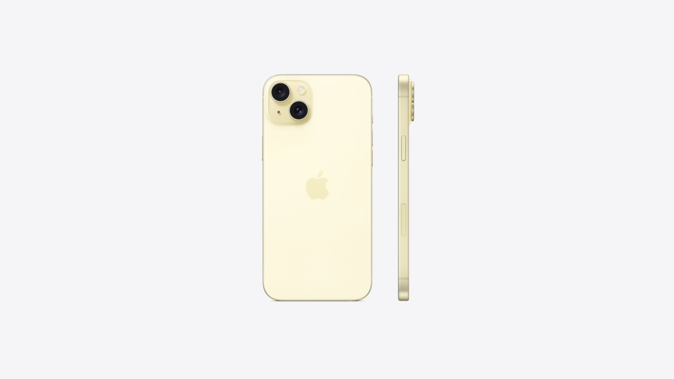 Un iPhone 14 amarillo con logo de Apple y doble cámara sobre fondo blanco.