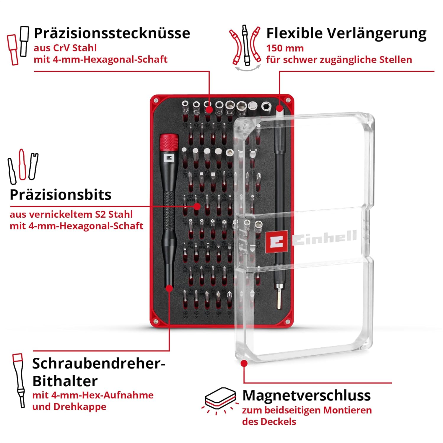 Werkzeug-Set mit Stecknüssen, Bits, Verlängerung und Bithalter in einem Kasten.