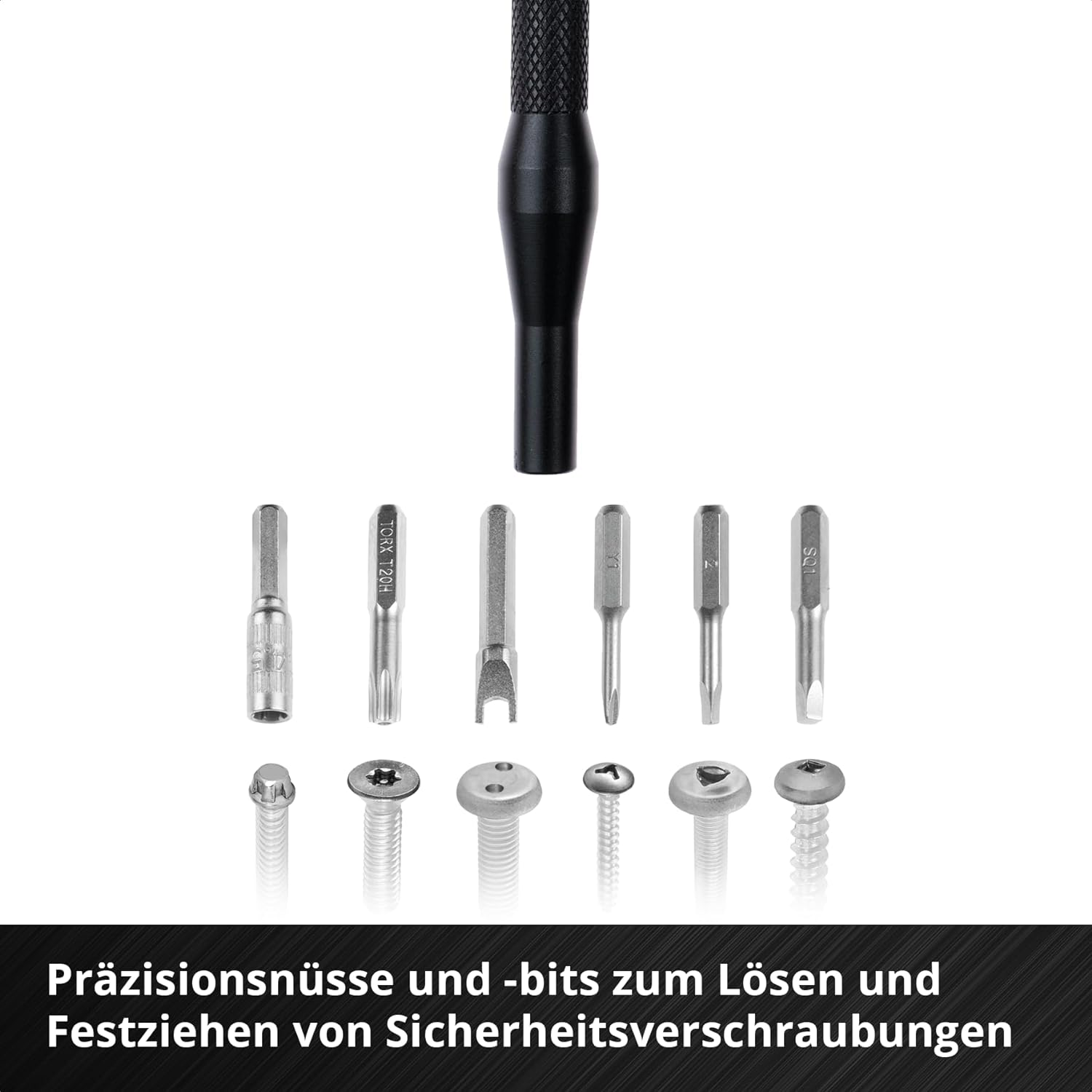 Werkzeuggriff mit verschiedenen Schraubendreher-Bits und Schrauben.