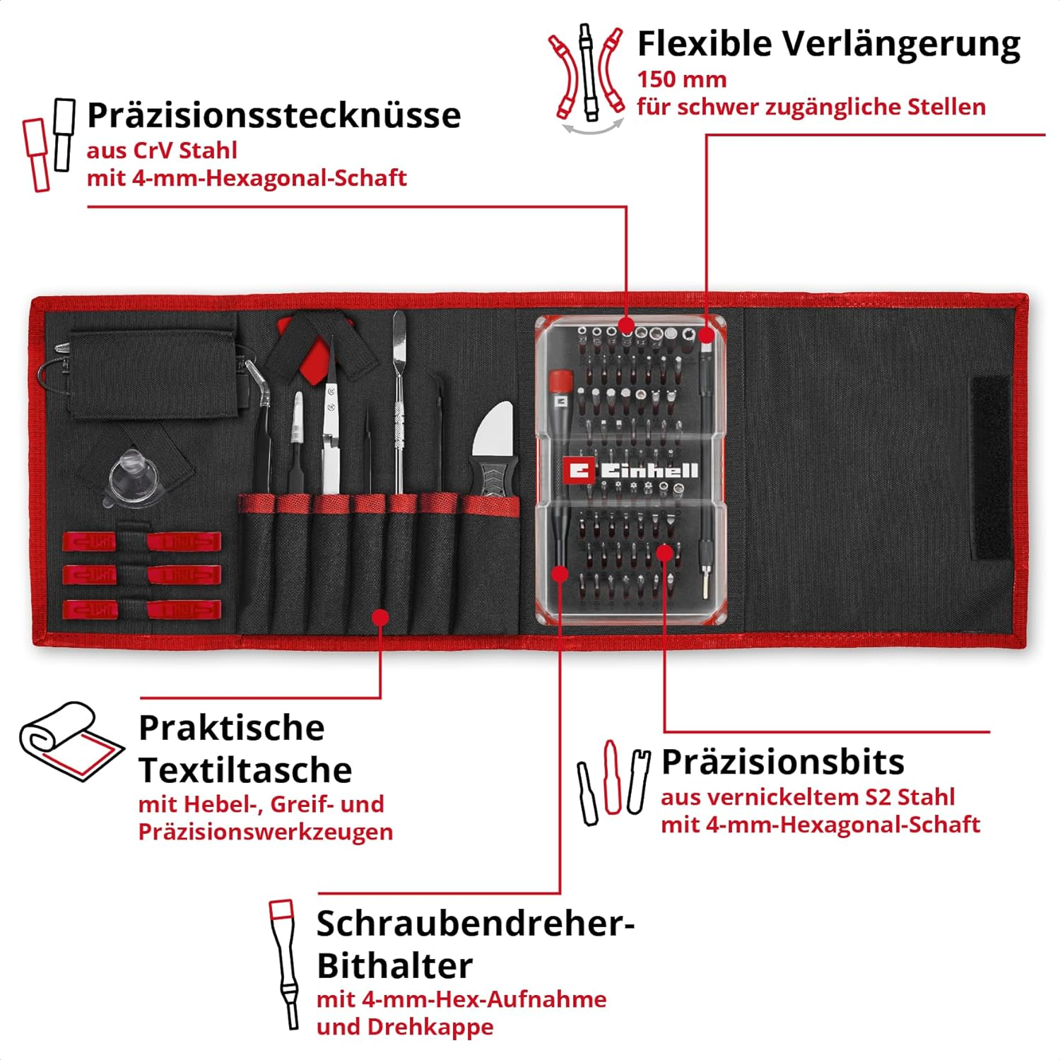 Einheitliches Werkzeugset mit Präzisionsbits, Verlängerung, Nuss und Schraubendreher.
