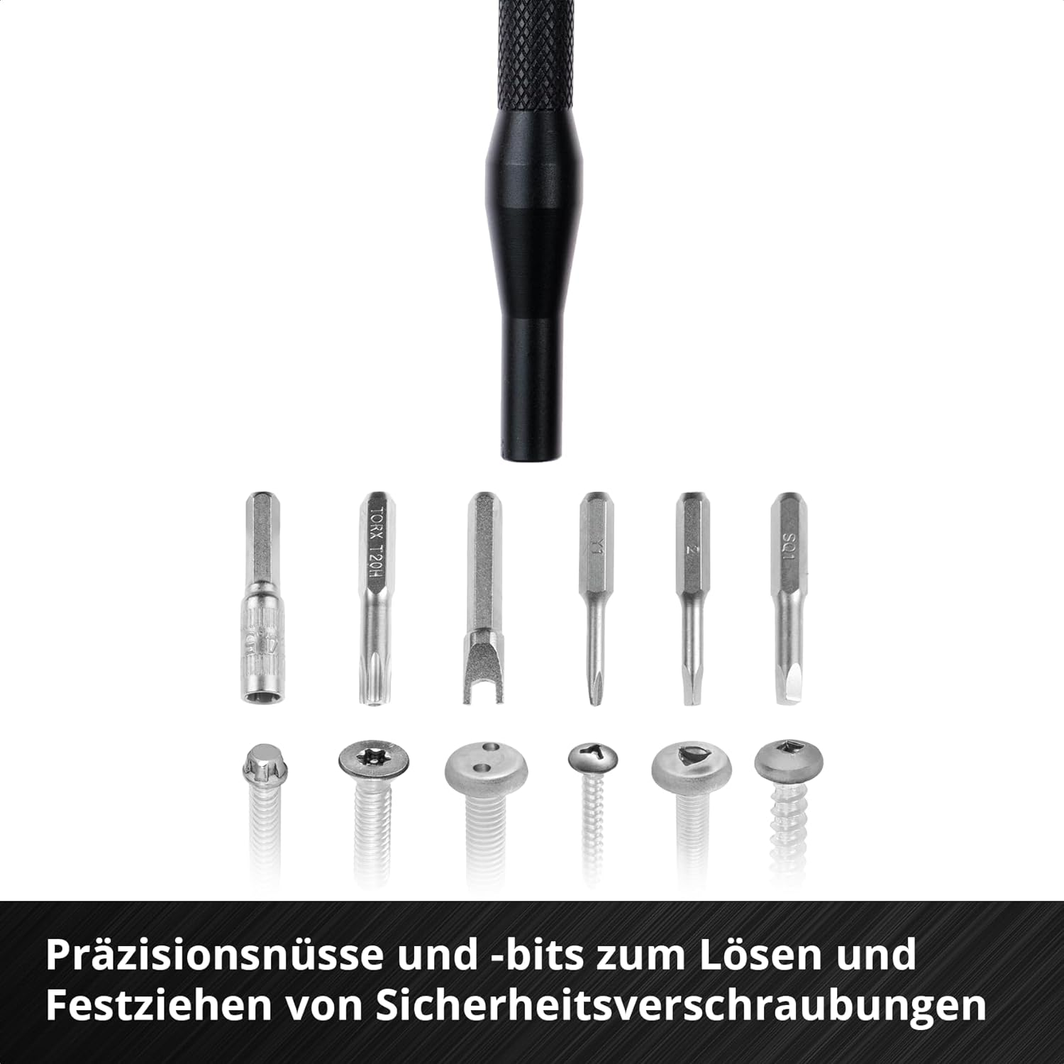 Schraubendrehergriff mit verschiedenen Bits und Schrauben, weißer Hintergrund.