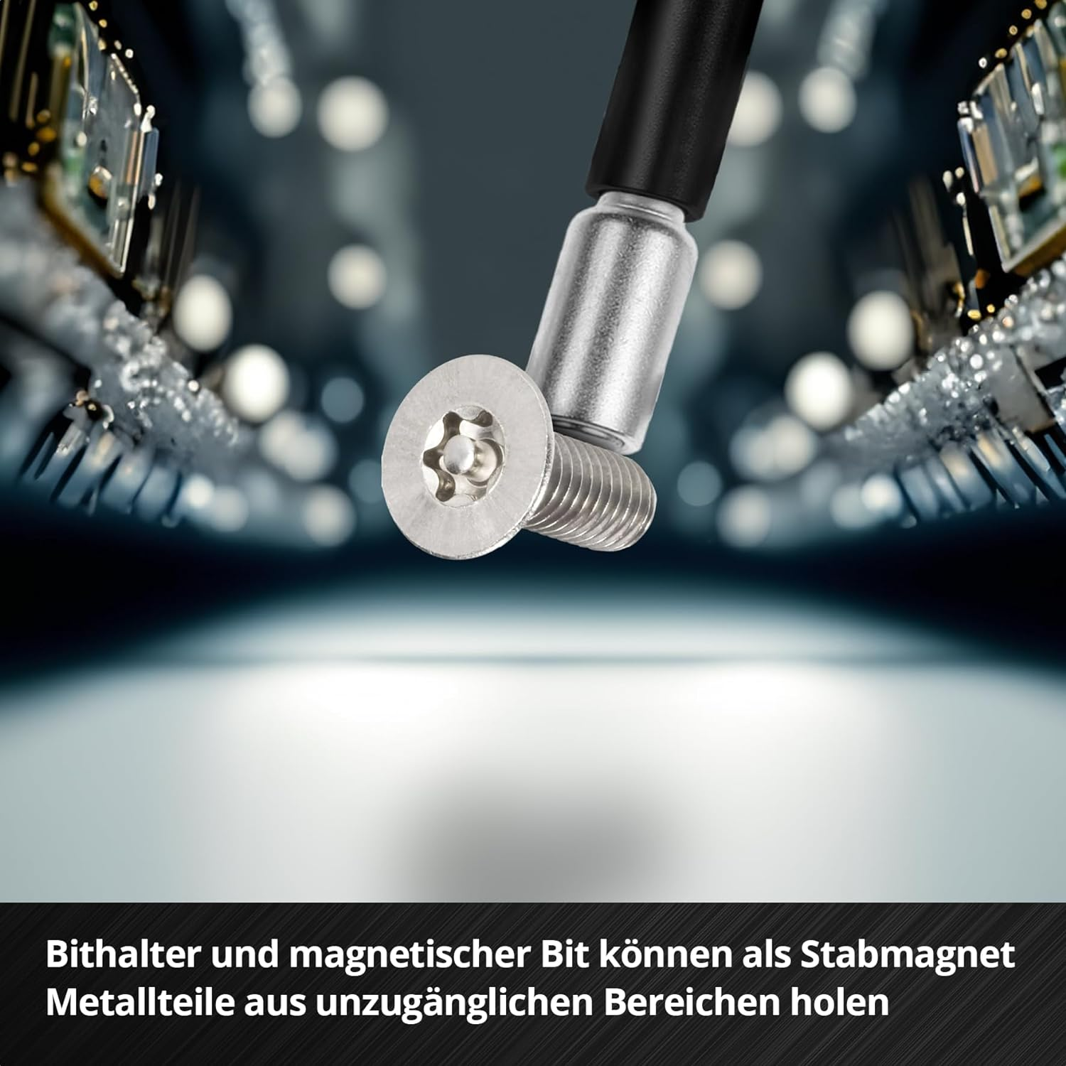 Magnetischer Bithalter mit Schraube vor unscharfem Hintergrund mit Leiterplatten