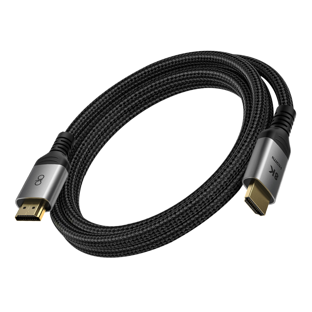Schwarzes HDMI-Kabel mit 8K-Unterstützung und goldenen Anschlüssen auf weißem Hintergrund.
