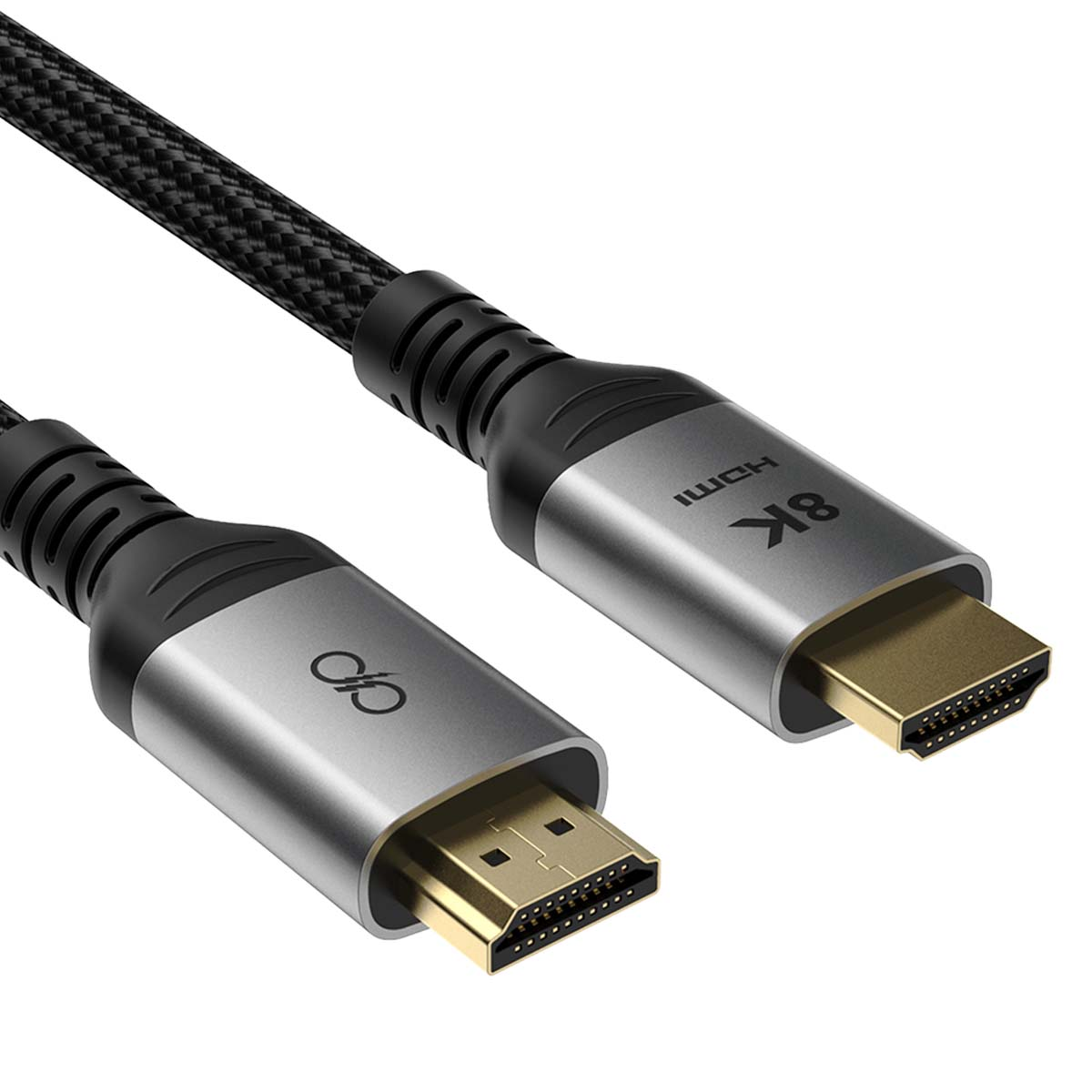 Ein schwarzes HDMI-Kabel mit 8K-Markierung auf silbernem Stecker.