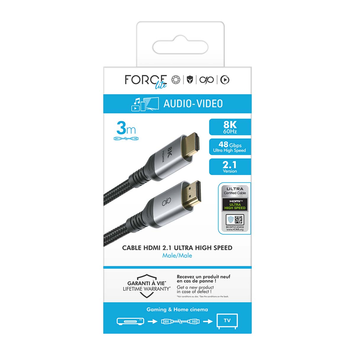 Ein 3m langes HDMI 2.1 Kabel mit 8K 60Hz und 48Gbps. Goldene Stecker.
