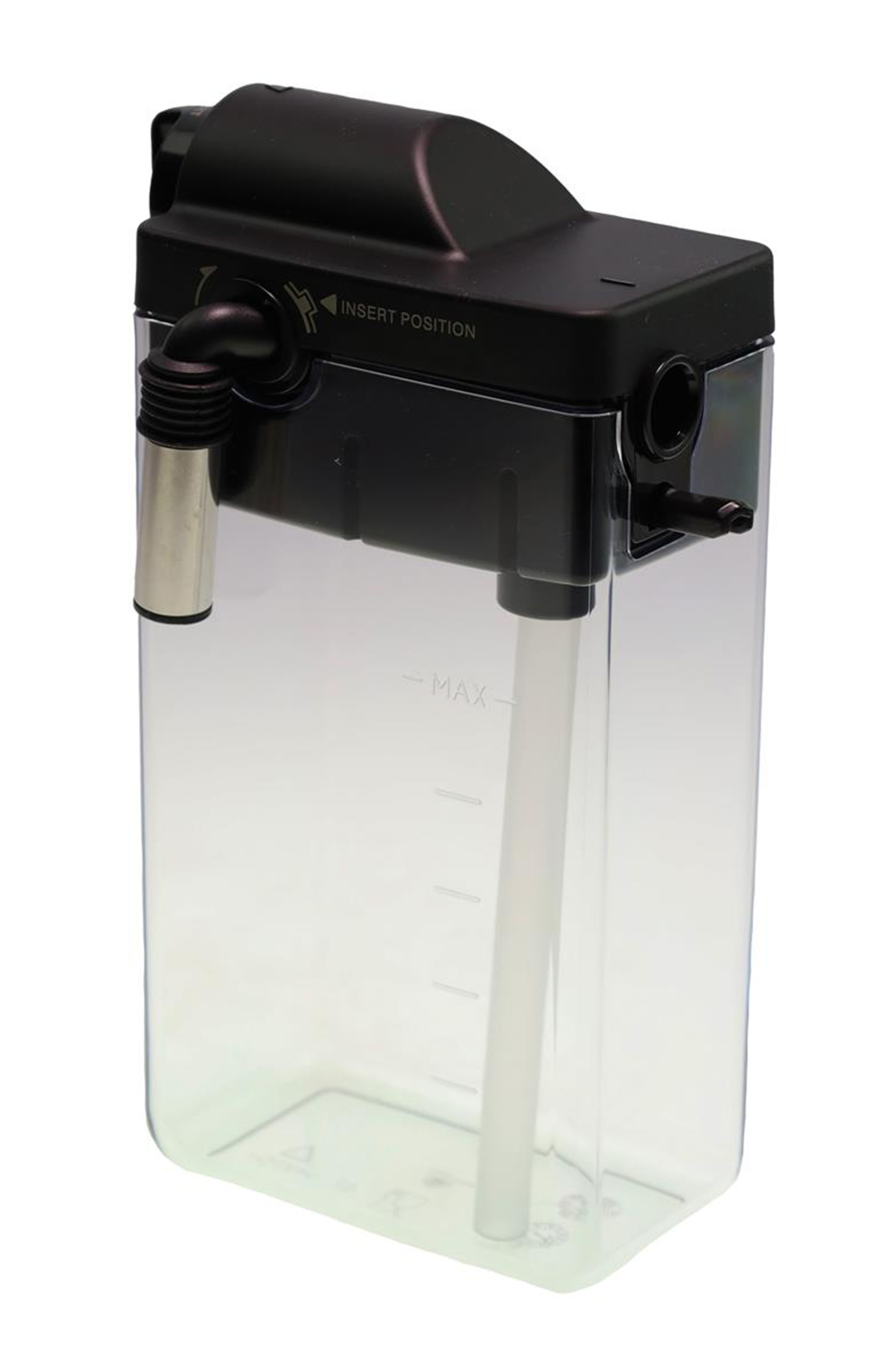 Ein transparenter Wassertank mit schwarzem Deckel und Anschlüssen.