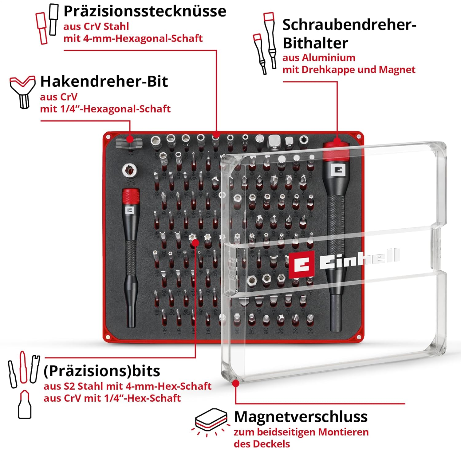Werkzeugkasten mit Schraubendreher-Bits, Stecknüssen und Haltern.