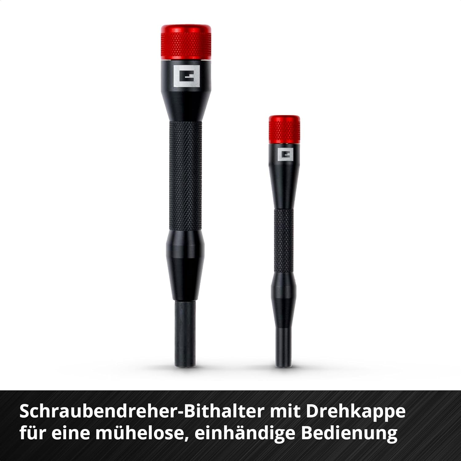 Zwei schwarze Schraubendreher mit roten Kappen, eine groß, eine klein.