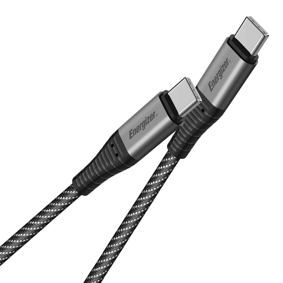 Due cavi USB-C Energizer grigi con cordoni intrecciati nero e argento.