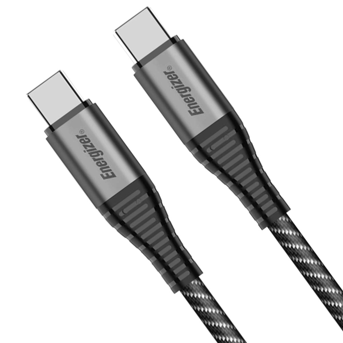Due cavi USB-C Energizer neri con connettori argentati e cordoni grigi intrecciati.