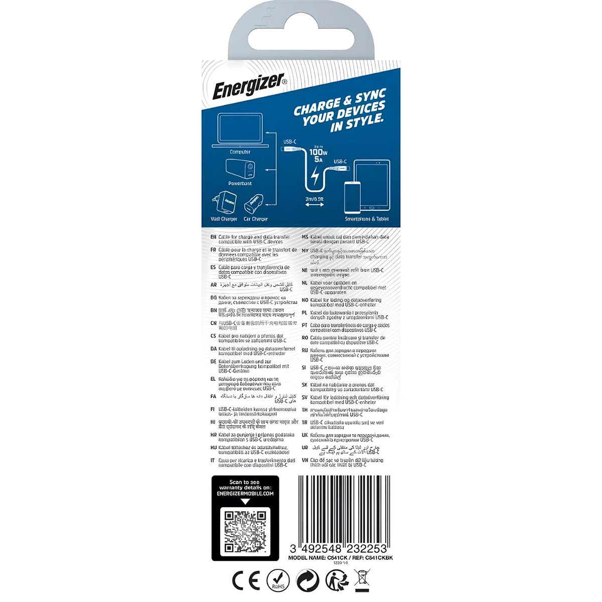 Cavo Energizer USB-C: Carica e sincronizza per computer, power bank, caricabatterie auto e smartphone.