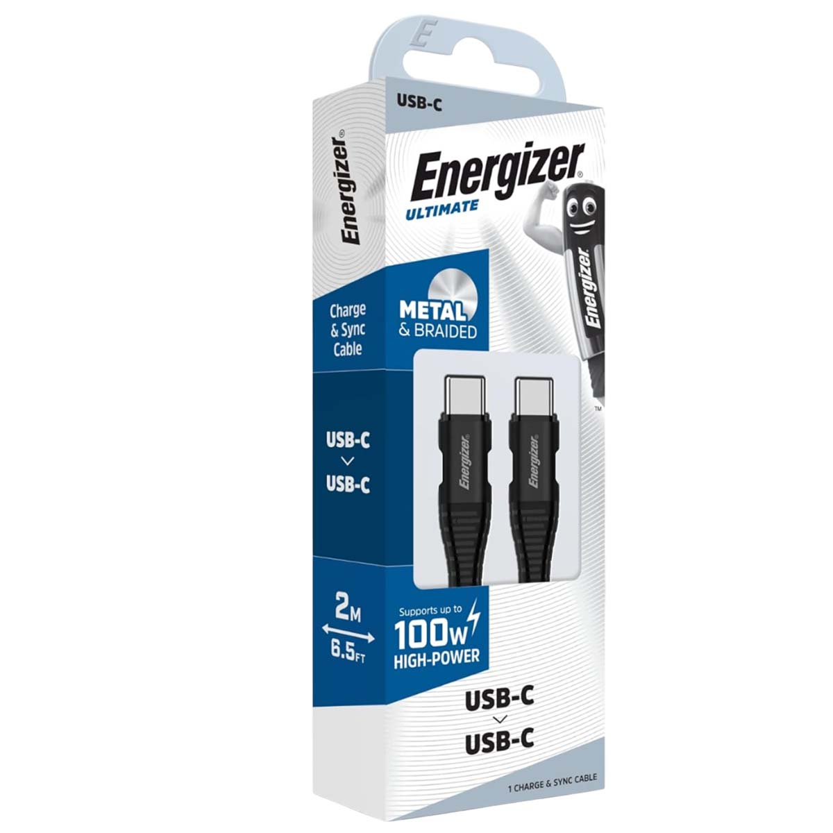 Confezione cavo di ricarica Energizer USB-C, nero e blu, con immagini del cavo.