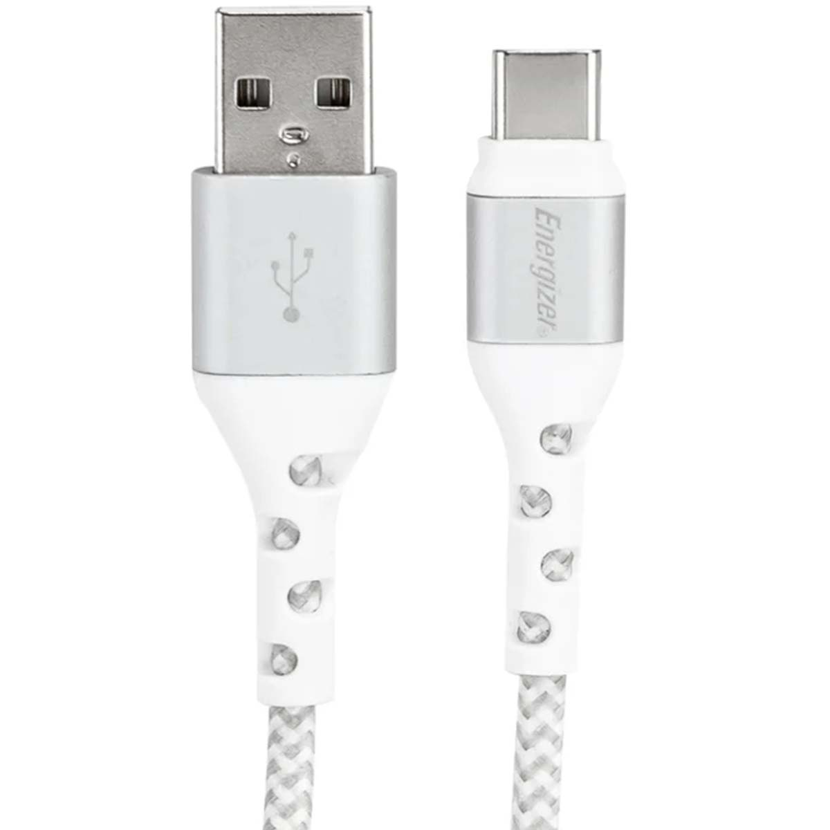 Un cavo da USB-A a USB-C bianco con connettori argentati.