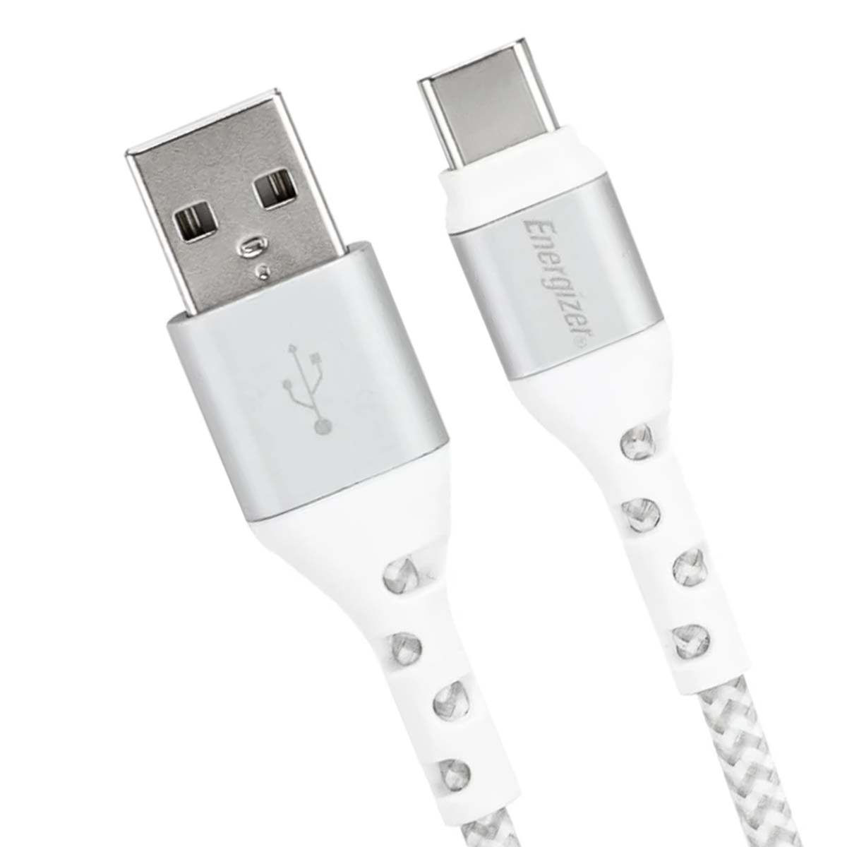 Un cavo USB-C e USB-A bianco con connettori argentati.