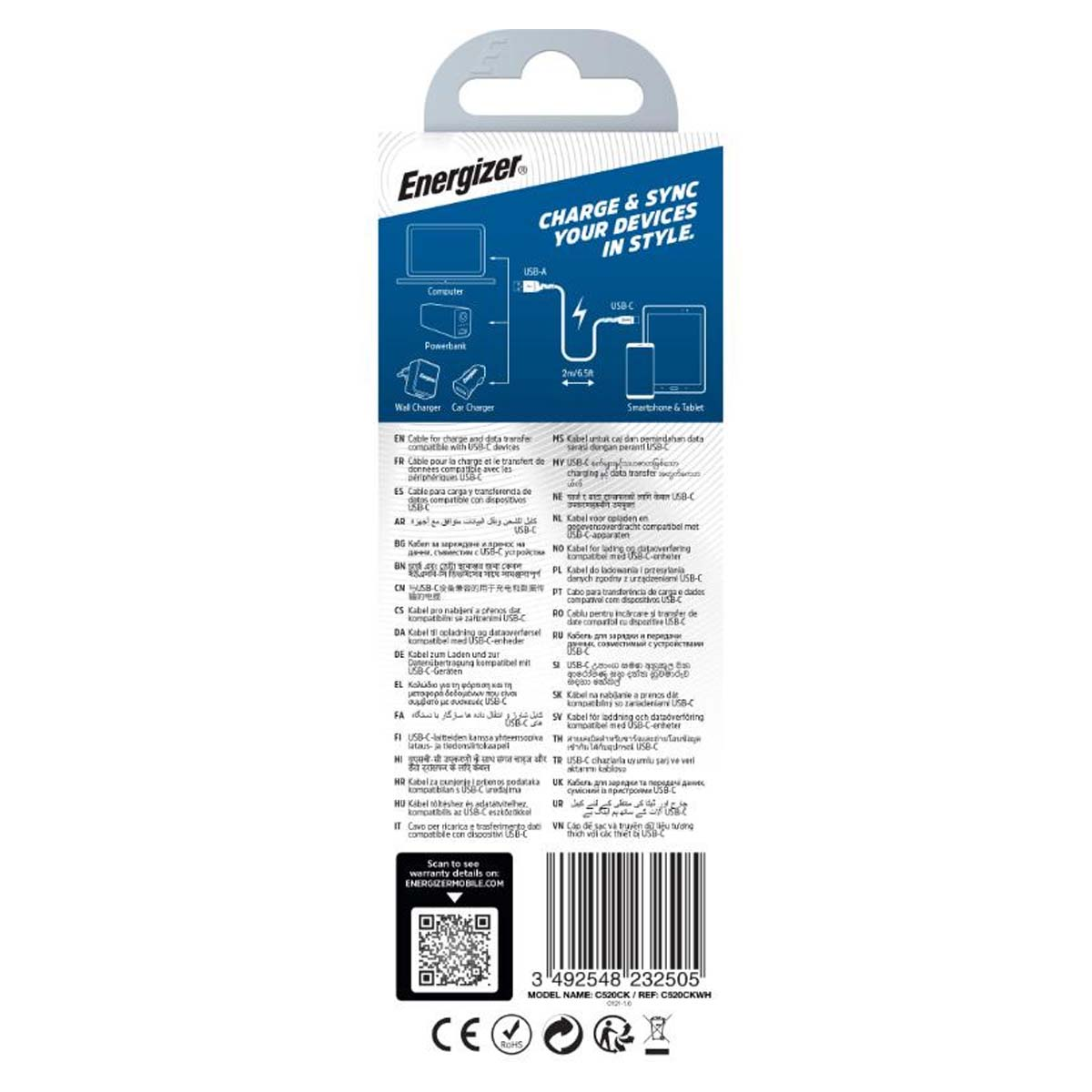 Cavo Energizer USB-C per carica e trasferimento dati. Compatibile con computer, power bank.