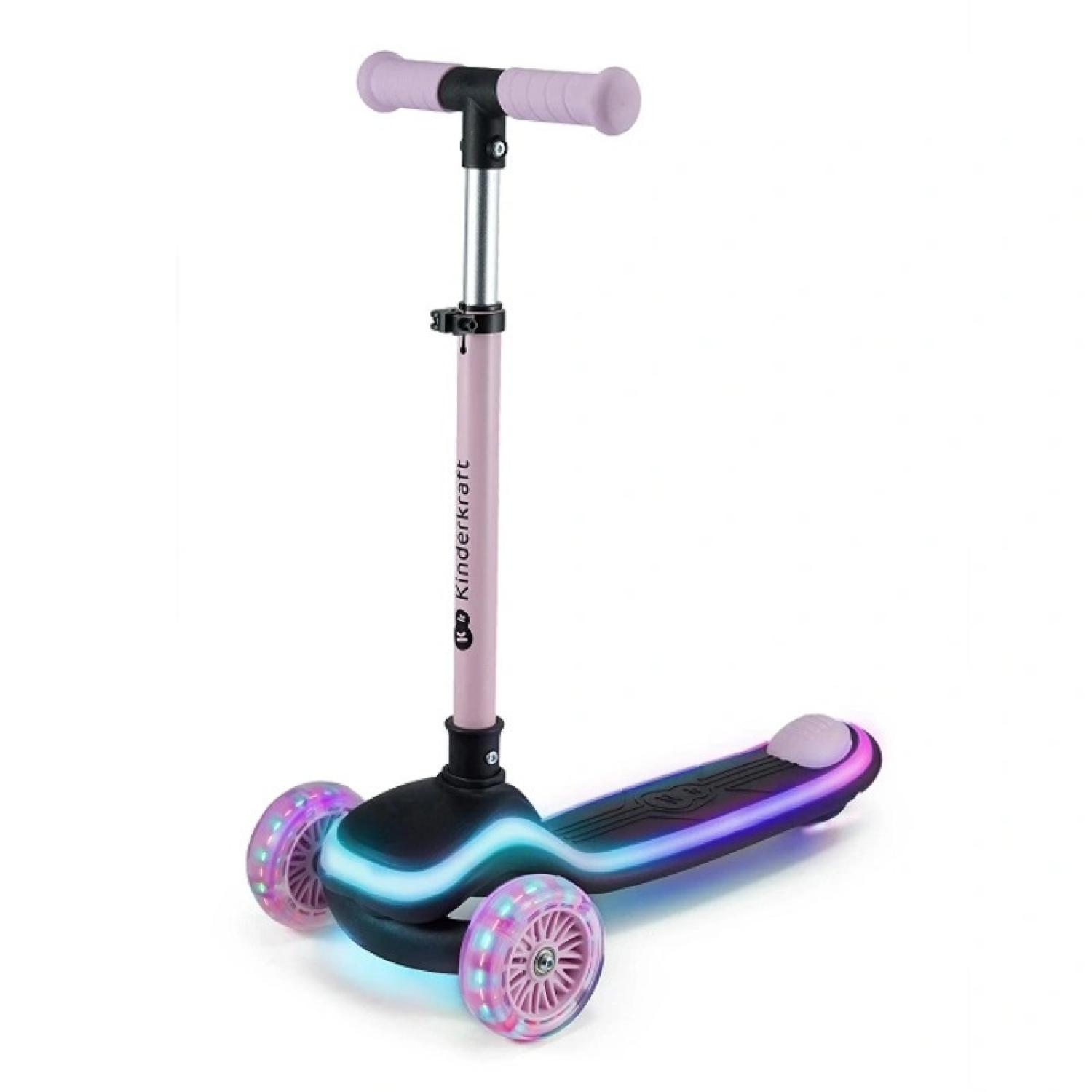 Ein rosa Dreirad-Roller mit leuchtenden Rädern und Lichtern.