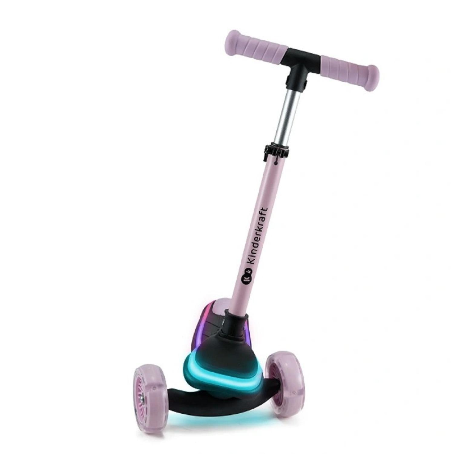 Ein rosafarbener Roller mit drei Rädern und beleuchtetem Unterdeck.