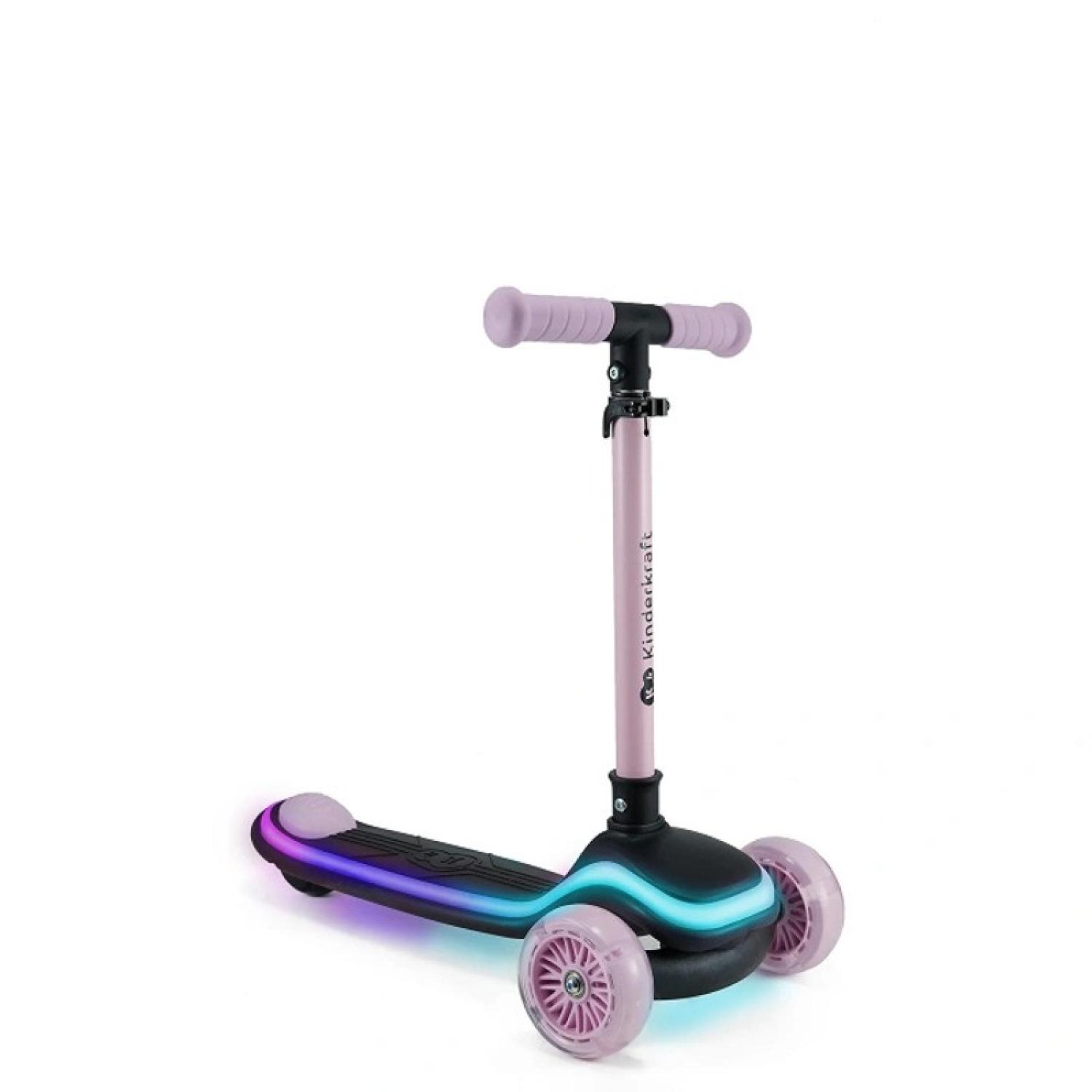 Ein rosafarbener Roller mit drei Rädern und leuchtenden blauen und violetten Lichtern.