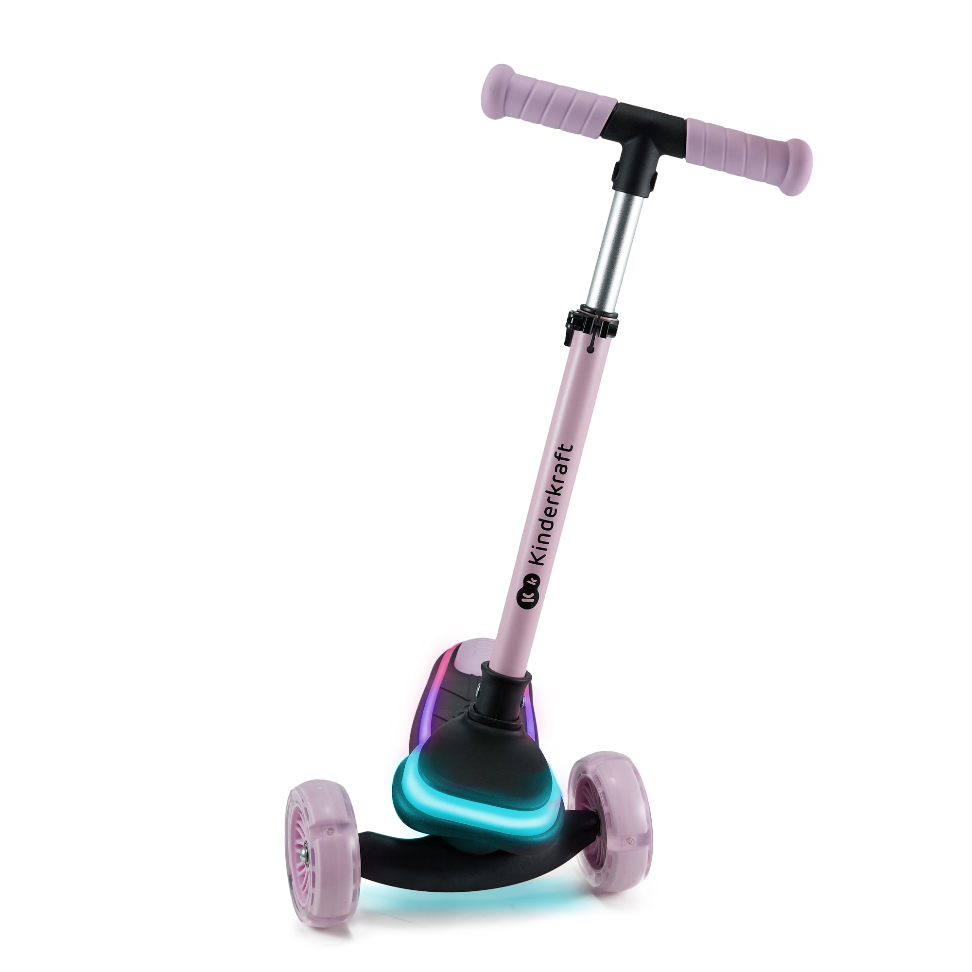Ein rosafarbener Dreirad-Roller mit Lichtern an den Rädern und am Trittbrett.