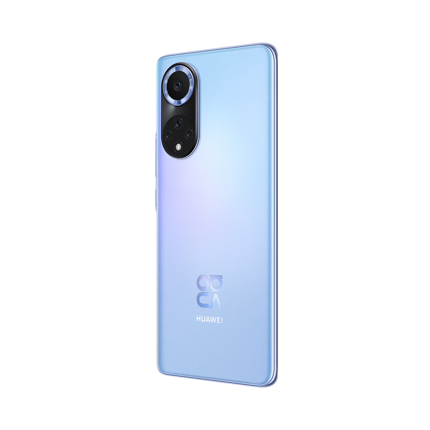Un smartphone Huawei azul claro con sistema de triple cámara y logo.