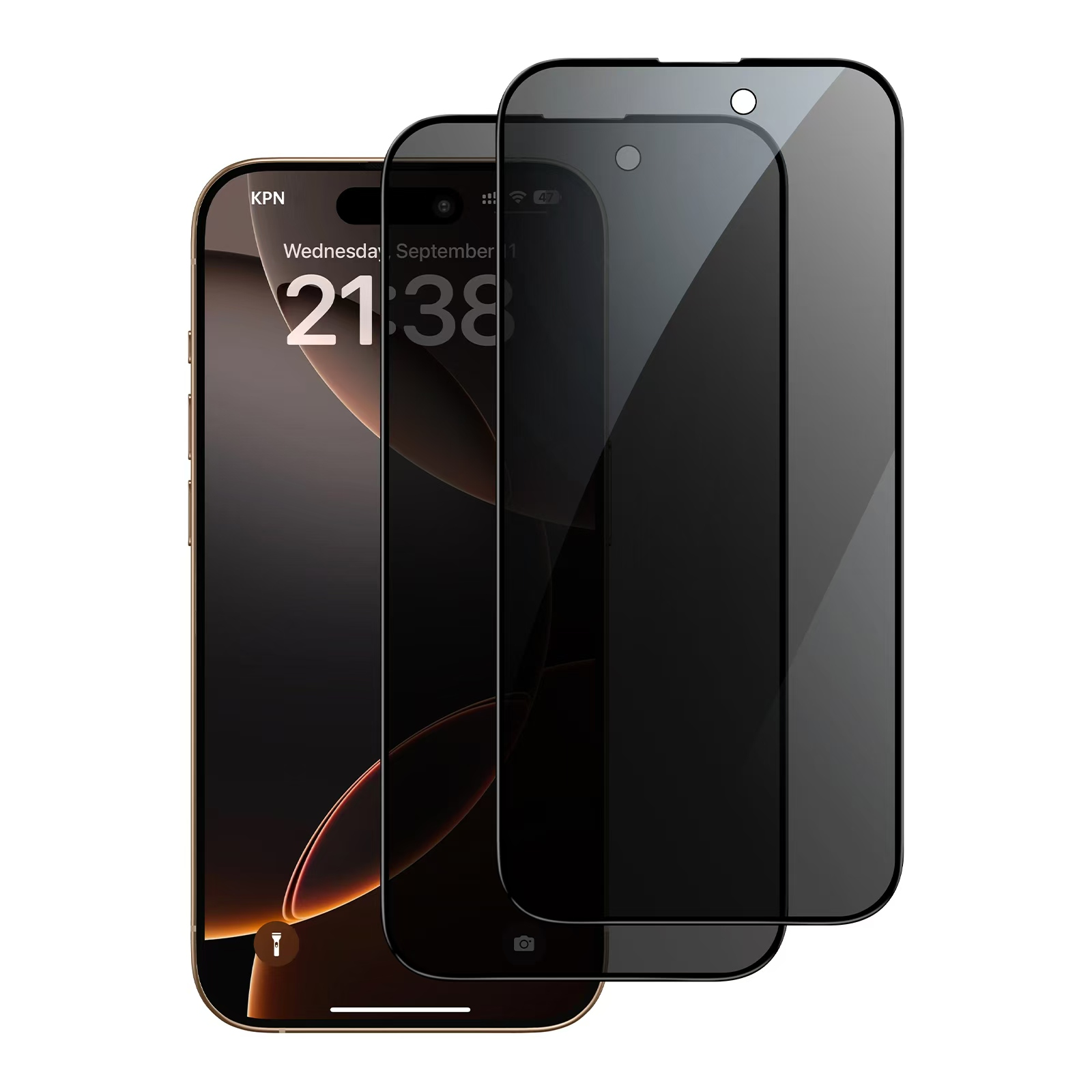 Drei transparente Schutzfolien für Smartphones, nebeneinander auf weißem Grund.