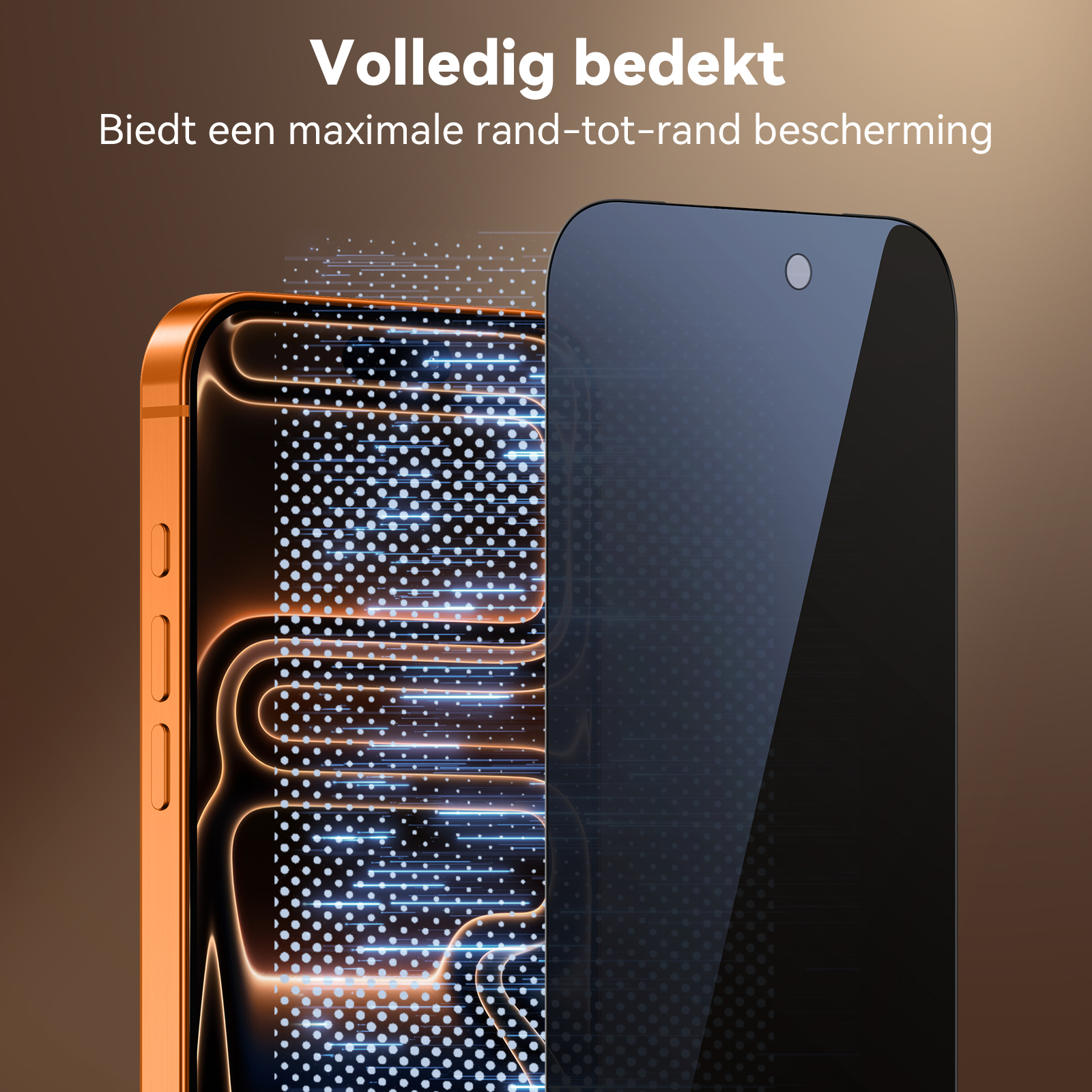 Orangefarbenes Handy mit schwarzem Bildschirm und leuchtenden Linien.