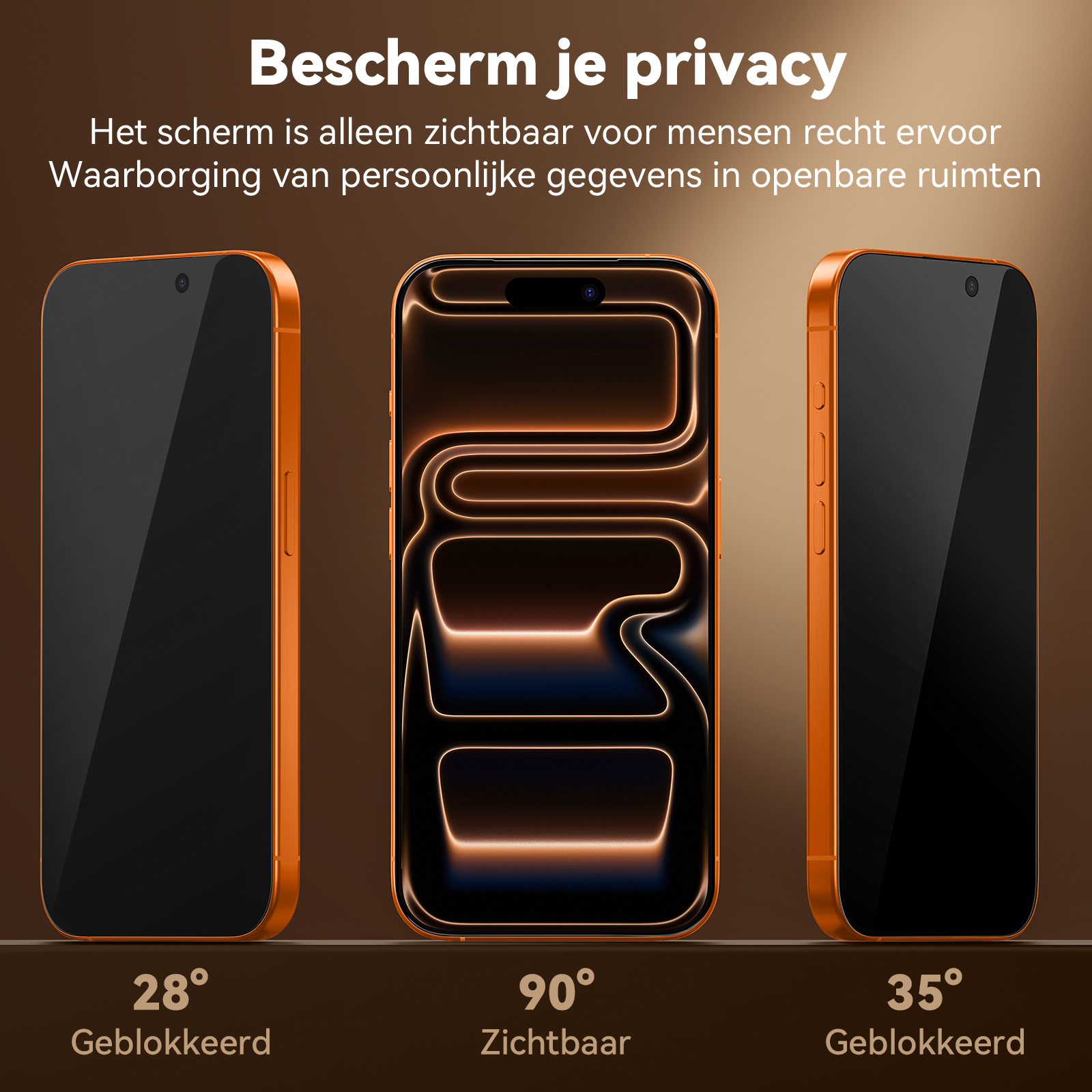Drei orangefarbene Smartphones zeigen Sichtbarkeit bei 28°, 90° und 35°.