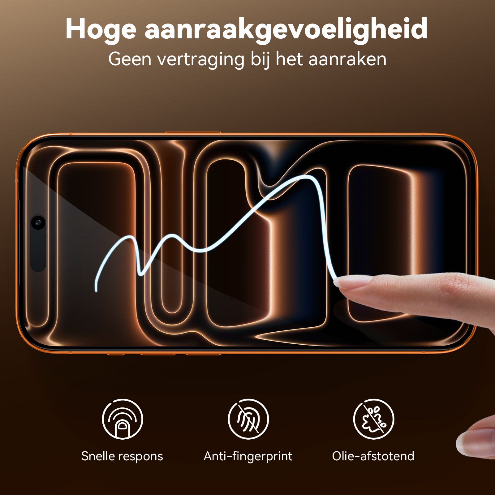 Eine Hand berührt den Bildschirm eines Smartphones mit leuchtenden Linien. Symbole zeigen Schnelligkeit, Anti-Fingerabdruck, Öl-Abweisung.