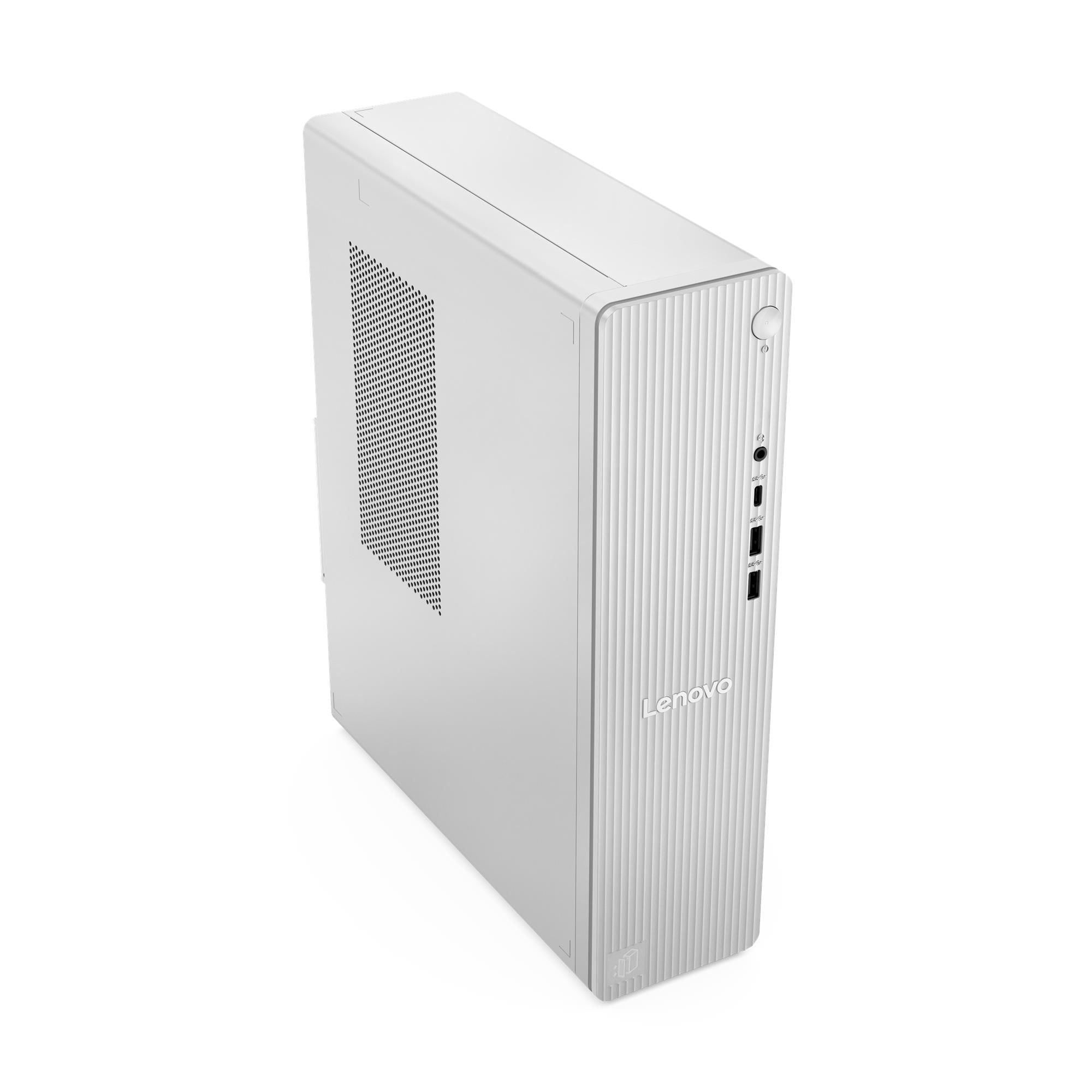 Un case bianco per PC tower Lenovo con prese d'aria e porte.