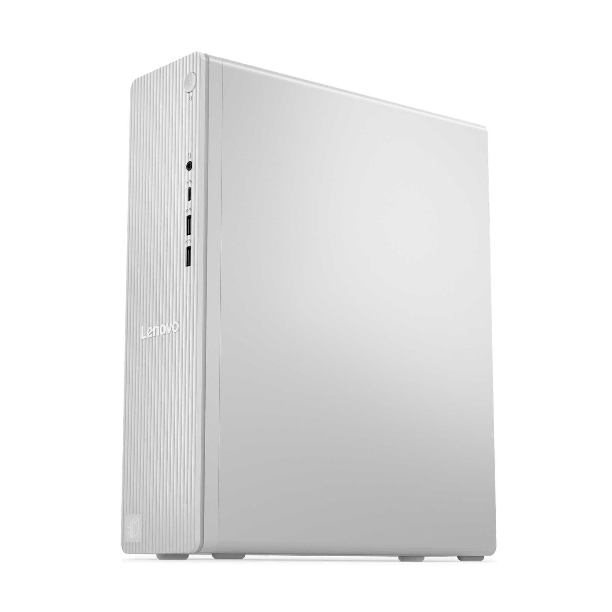 Una torre PC Lenovo bianca con scanalature verticali e porte USB.