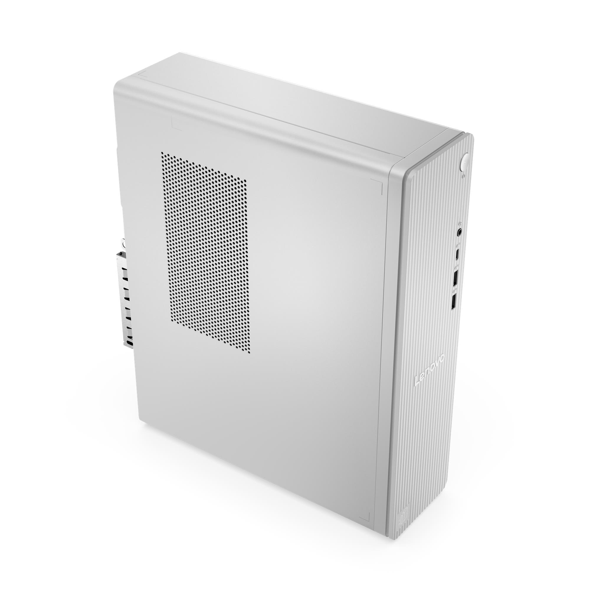 Un PC Lenovo bianco e sottile con griglia di ventilazione e porte.