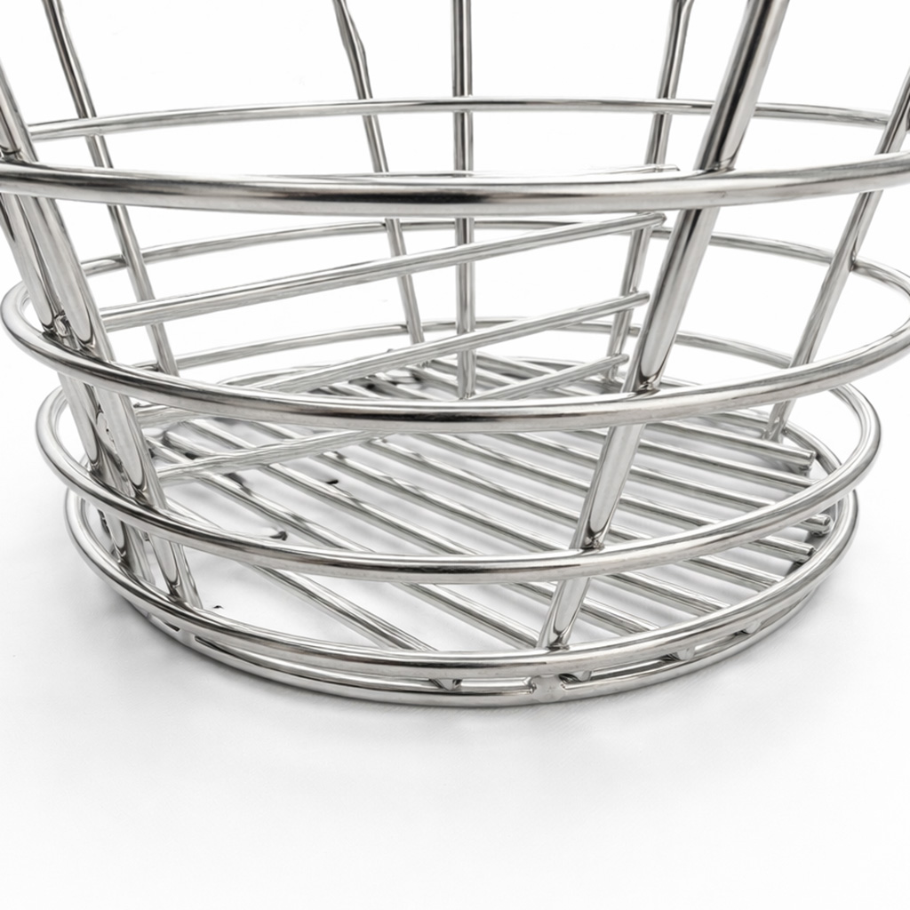 A silver wire basket with round and straight elements.