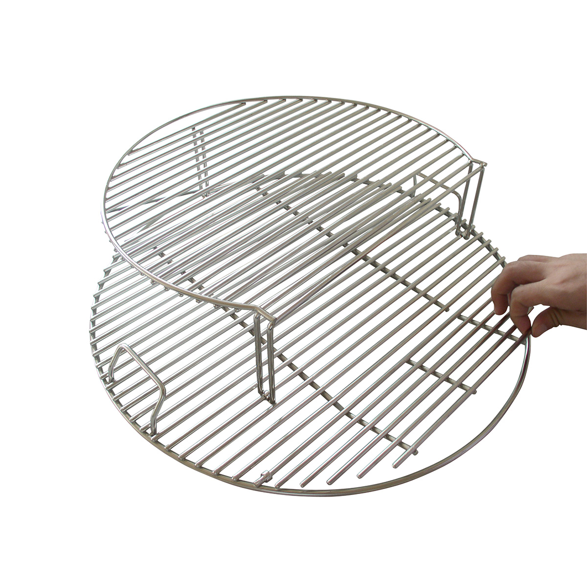 A two-tier metal grill rack against a white background.