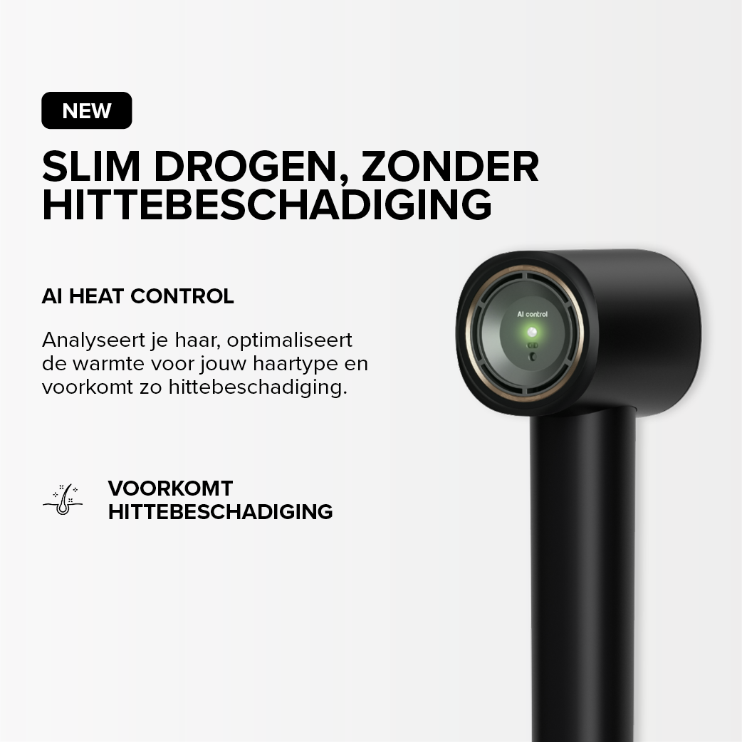 Black hairdryer with "AI HEAT CONTROL". "NEW" and text.