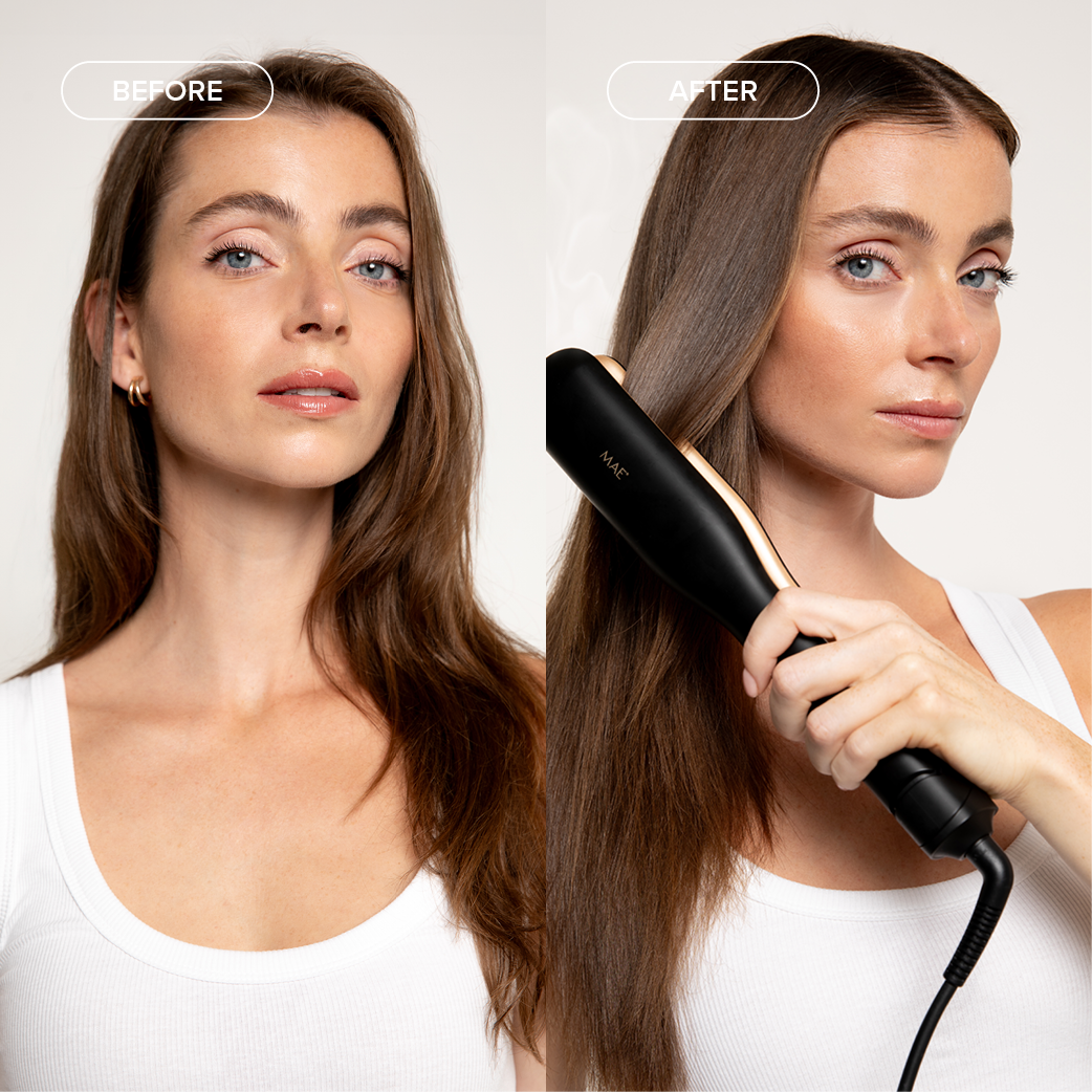 Woman with long brown hair, before and after straightening with a device.
