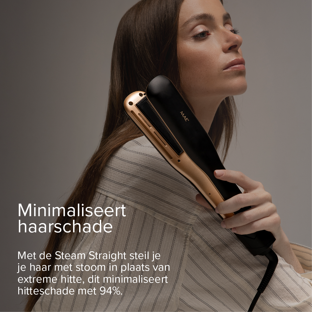 Woman with a gold and black hair straightener, MAE logo.