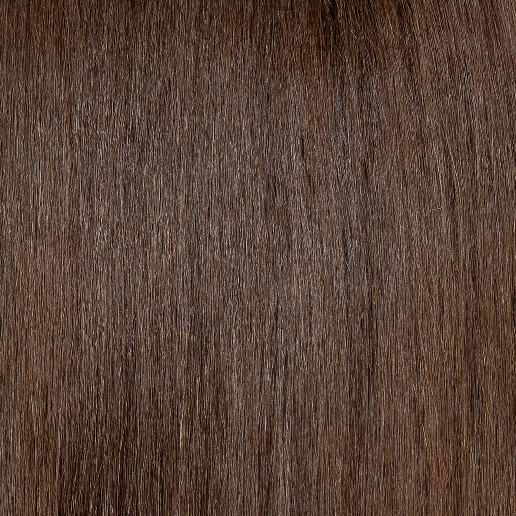 Dark brown hair, fine and straight, with a slight sheen.