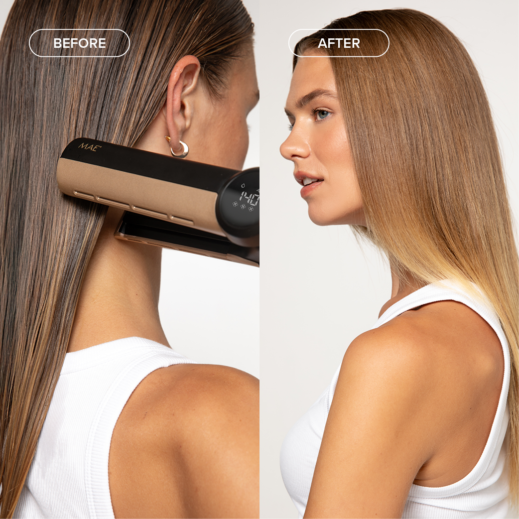 Before and after: Hair straightener styling wet hair into smooth hair.