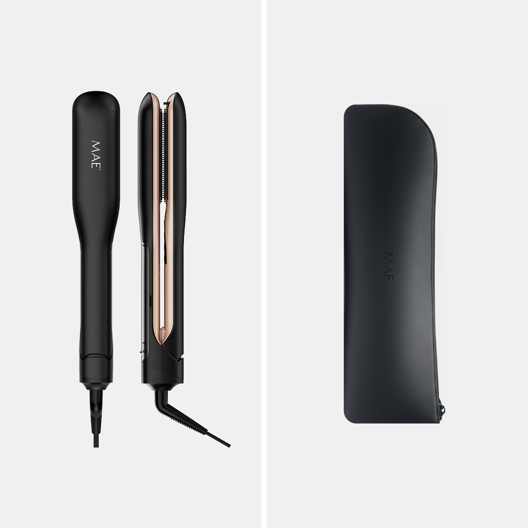 Black hair straightener with rose gold accents and case.