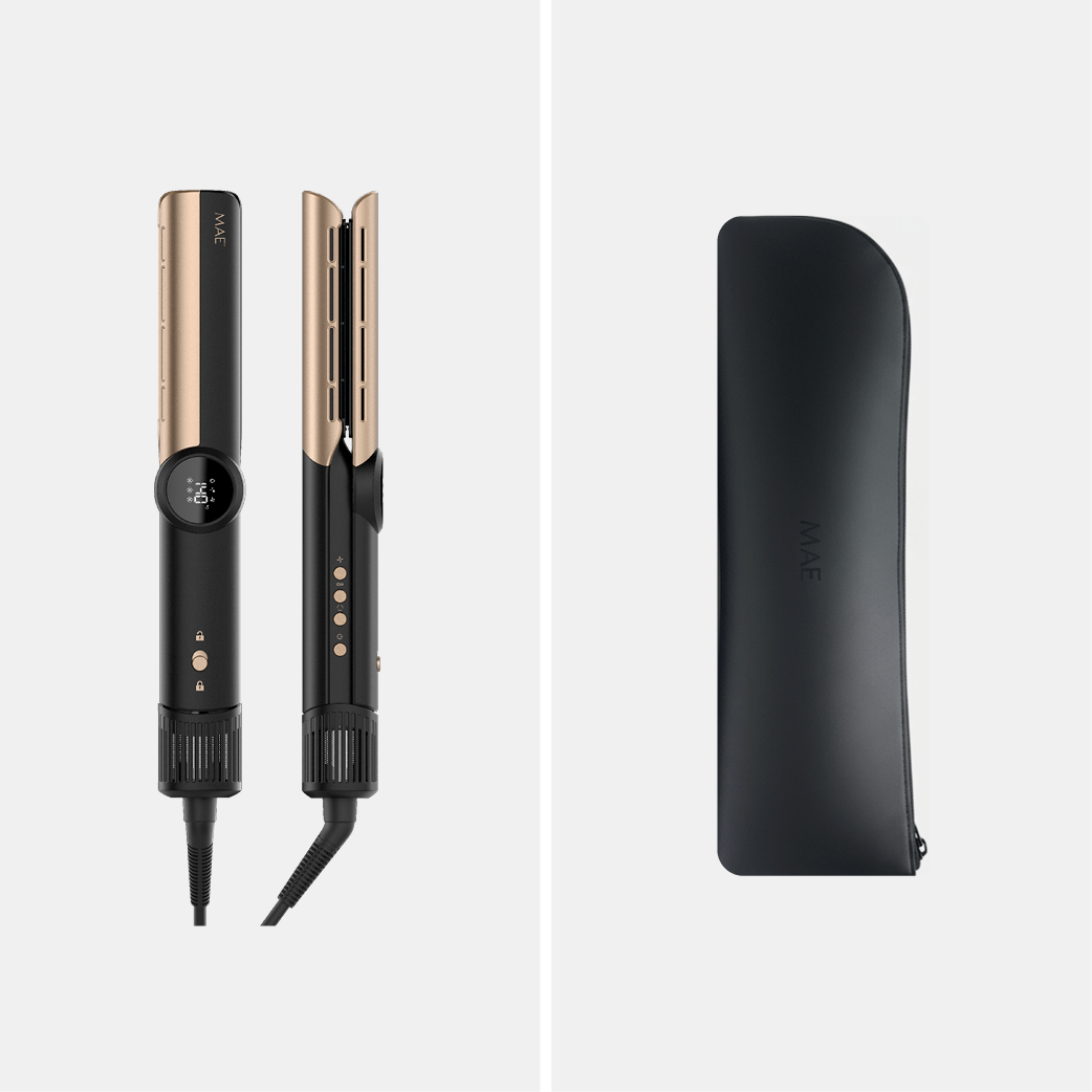 Black and gold hair straightener with digital display and black case.