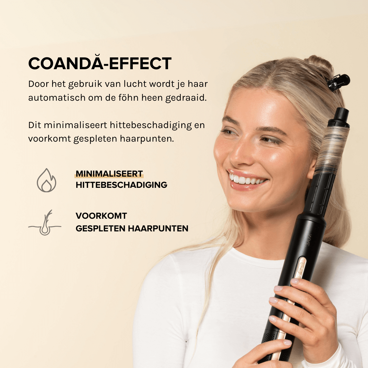 Vrouw met zwarte krultang die haar haar stylet. Tekst over Coanda-effect.