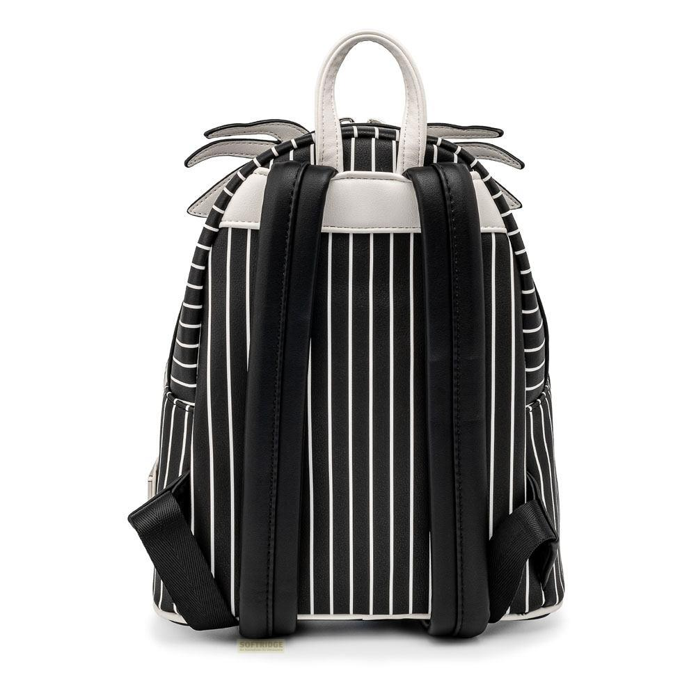 Rucksack mit vertikalen schwarzen und weißen Streifen, schwarzen Trägern und weißem Griff.