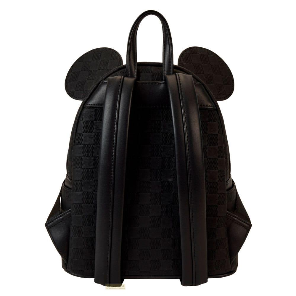 Schwarzer Rucksack mit kariertem Muster und Mickey-Ohren.