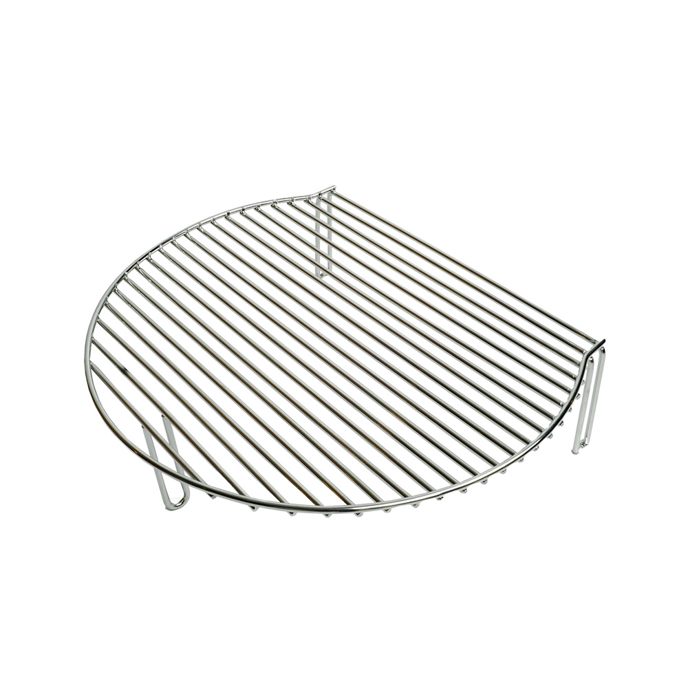 A semicircular metal grill grate with thin bars and two support legs.