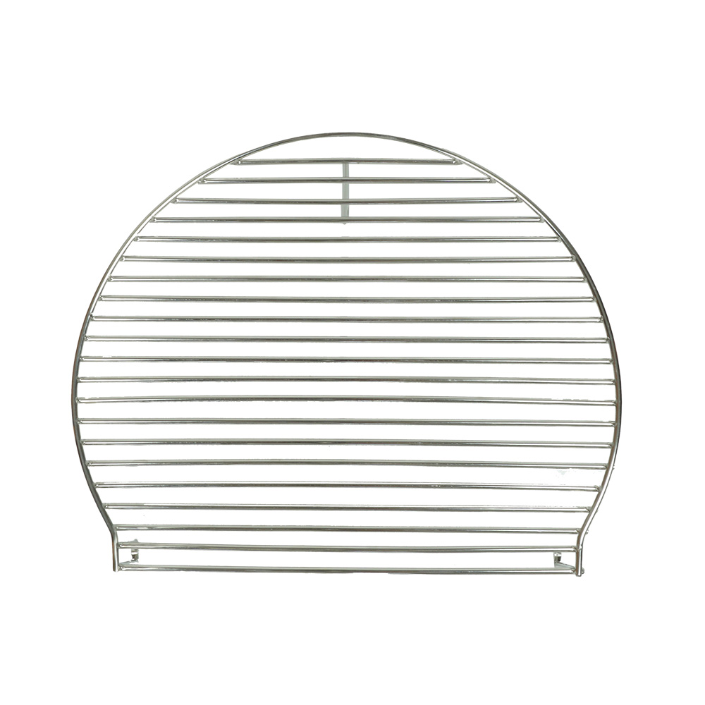 A round metal grill rack with horizontal bars and curved sides.