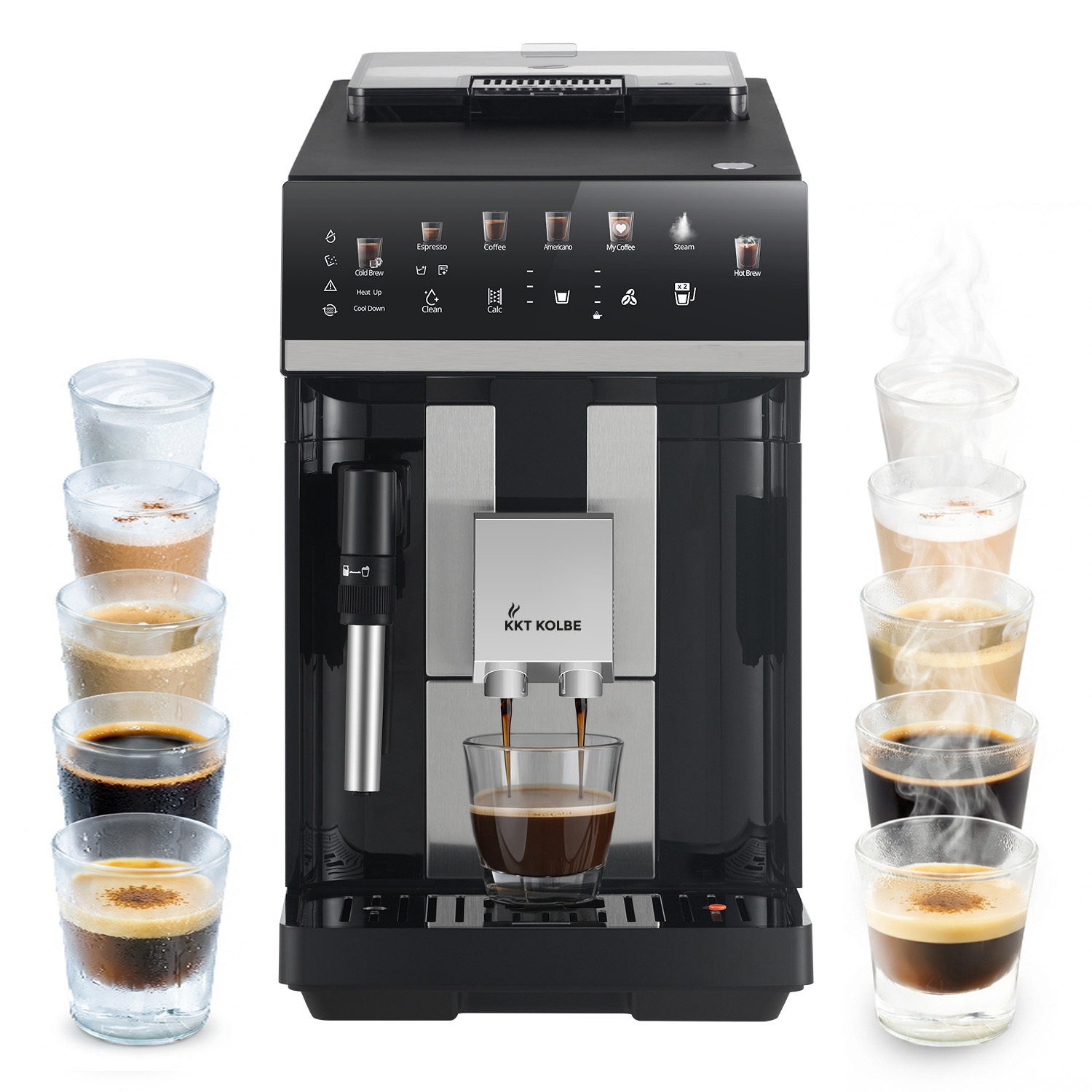 Ein schwarzer Kaffeevollautomat mit verschiedenen Gläsern Kaffee daneben.